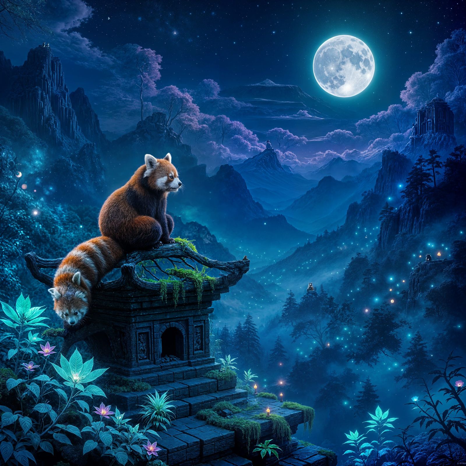 Red Panda on Ancient Structure Under Bioluminescent Night Sk...