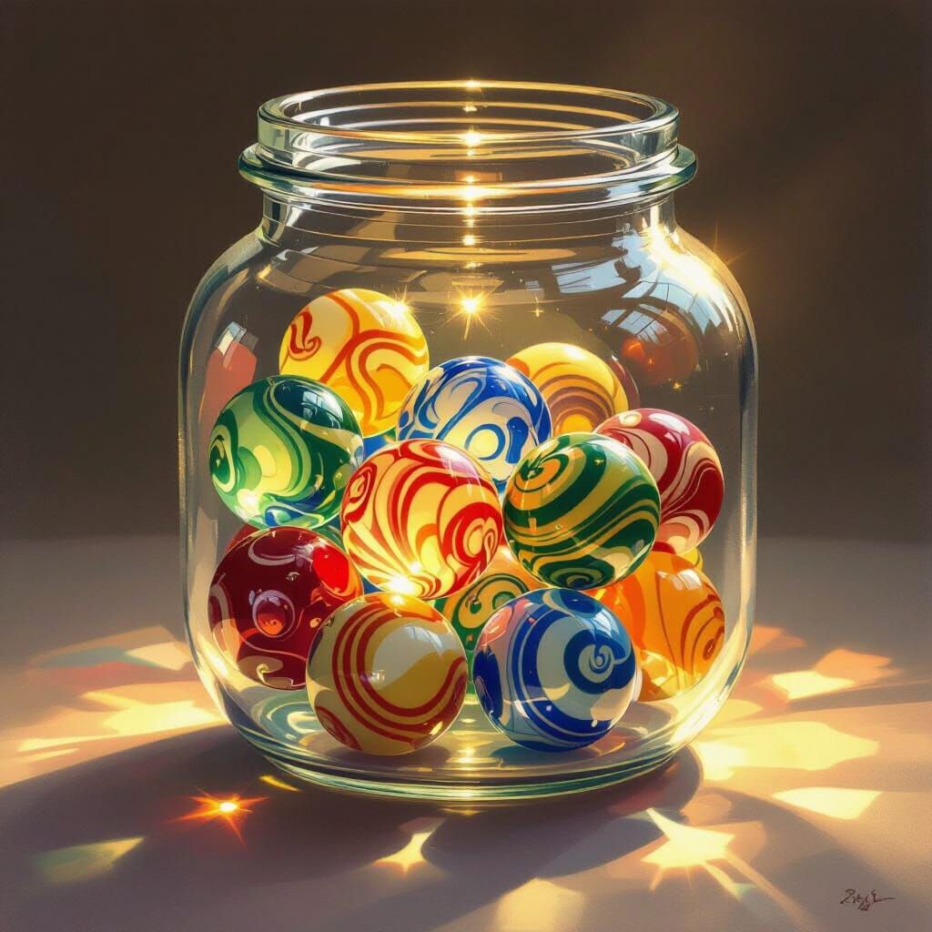Vintage Glass Marbles in Jar: Nostalgic Whimsical Illustrati...