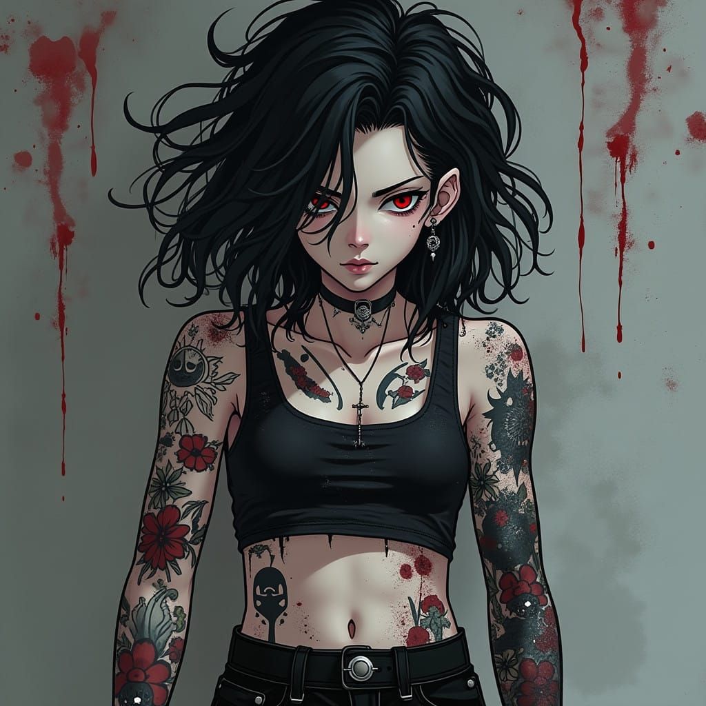 Edgy Anime Boy with Dark Hair and Horror Tattoos