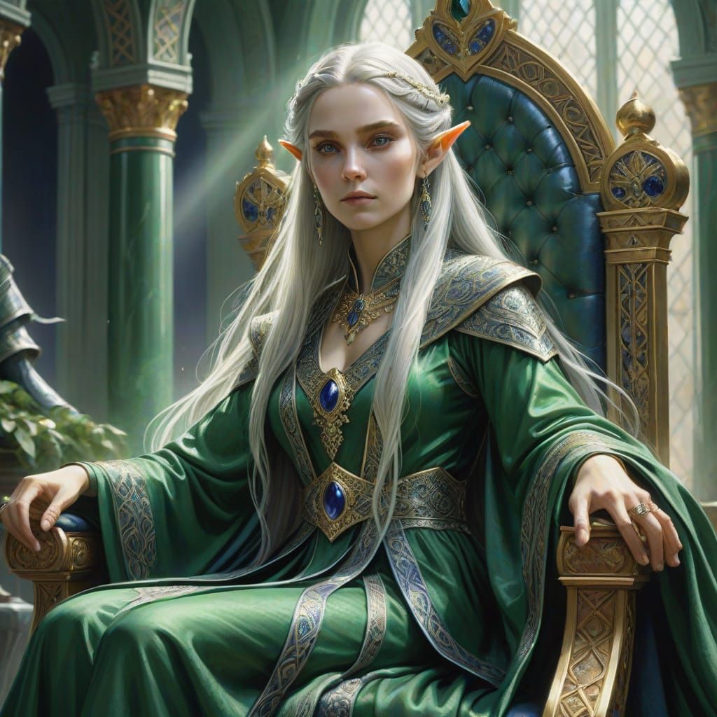 Elegant Elf Queen Reigns in Lavish Throne Room