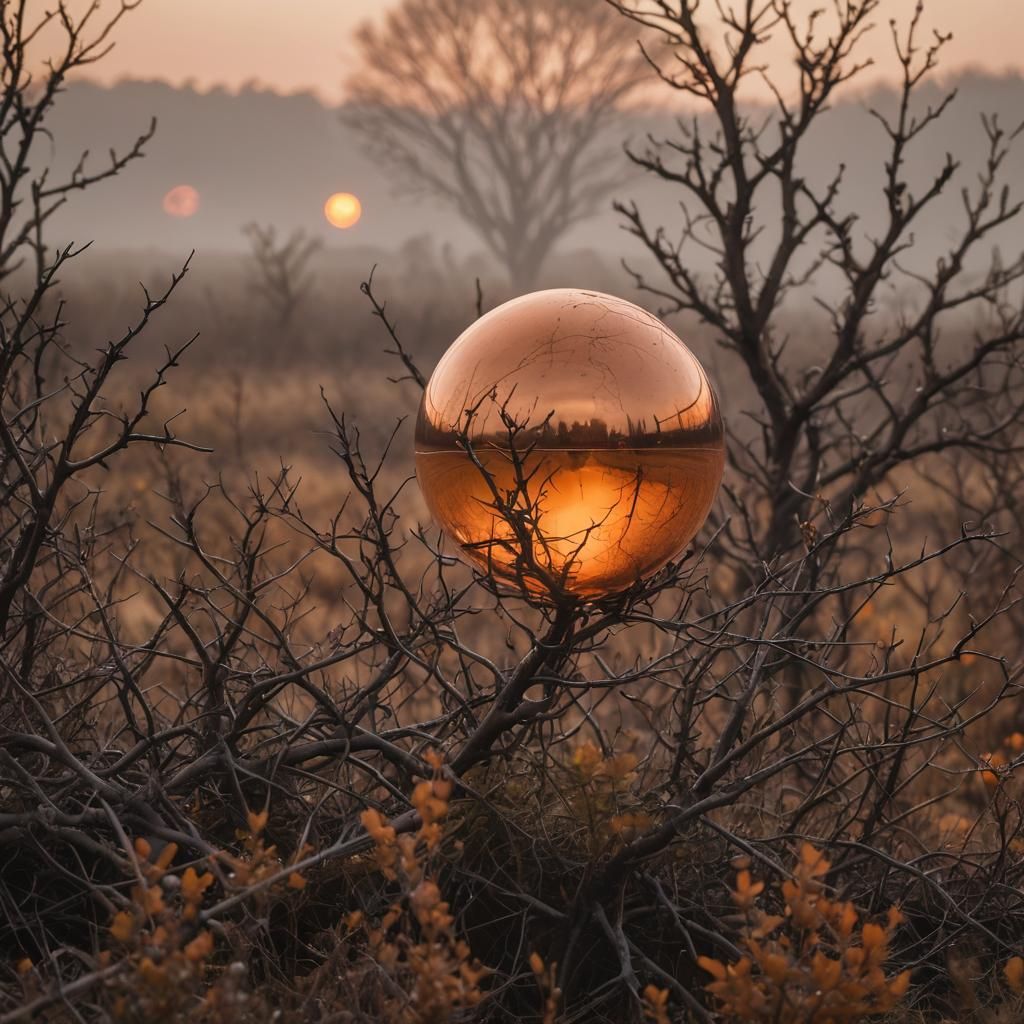 Chrome Orb Rotates Above Overgrown Field
