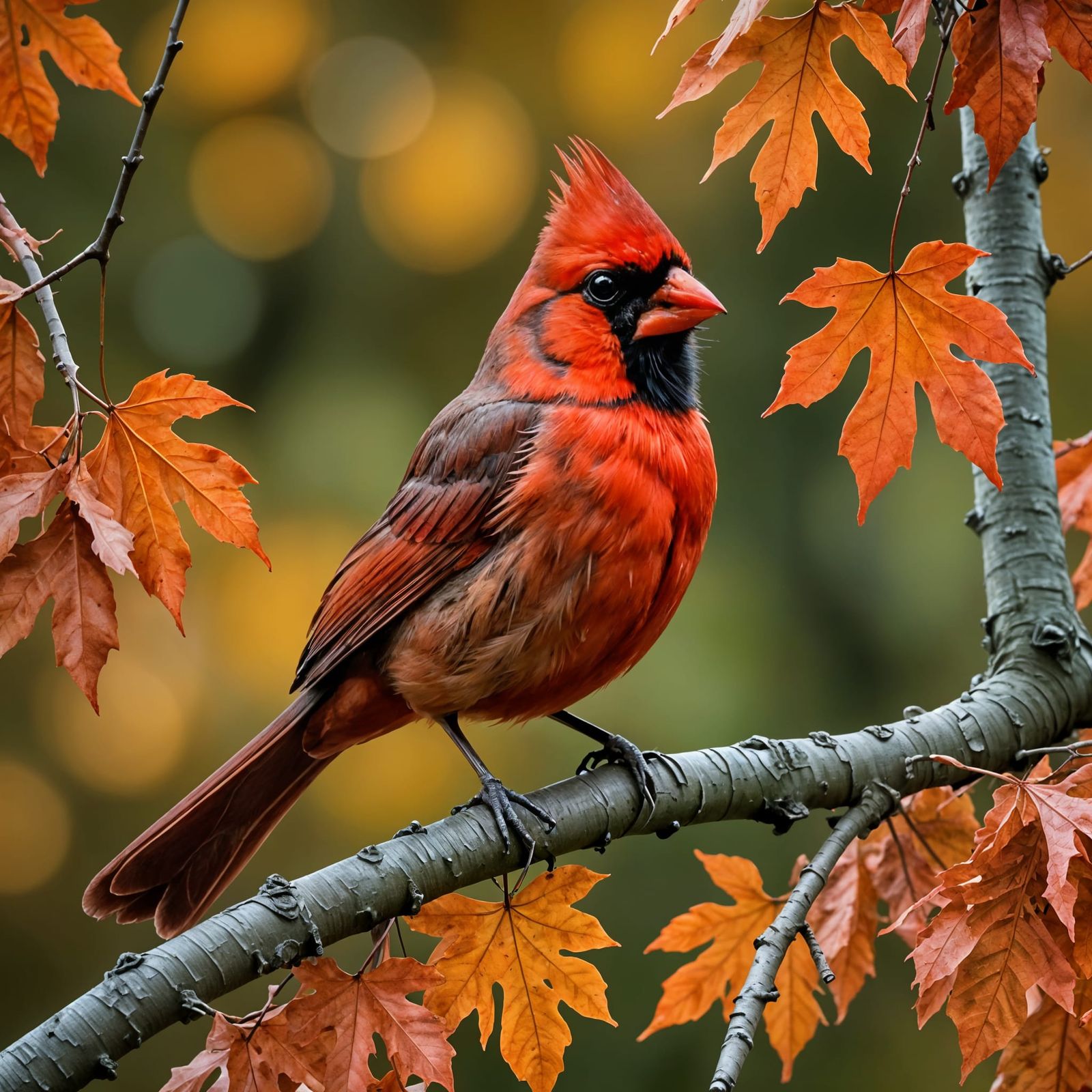 Red Cardinal Bird Made of Autumn Leaves in Tree