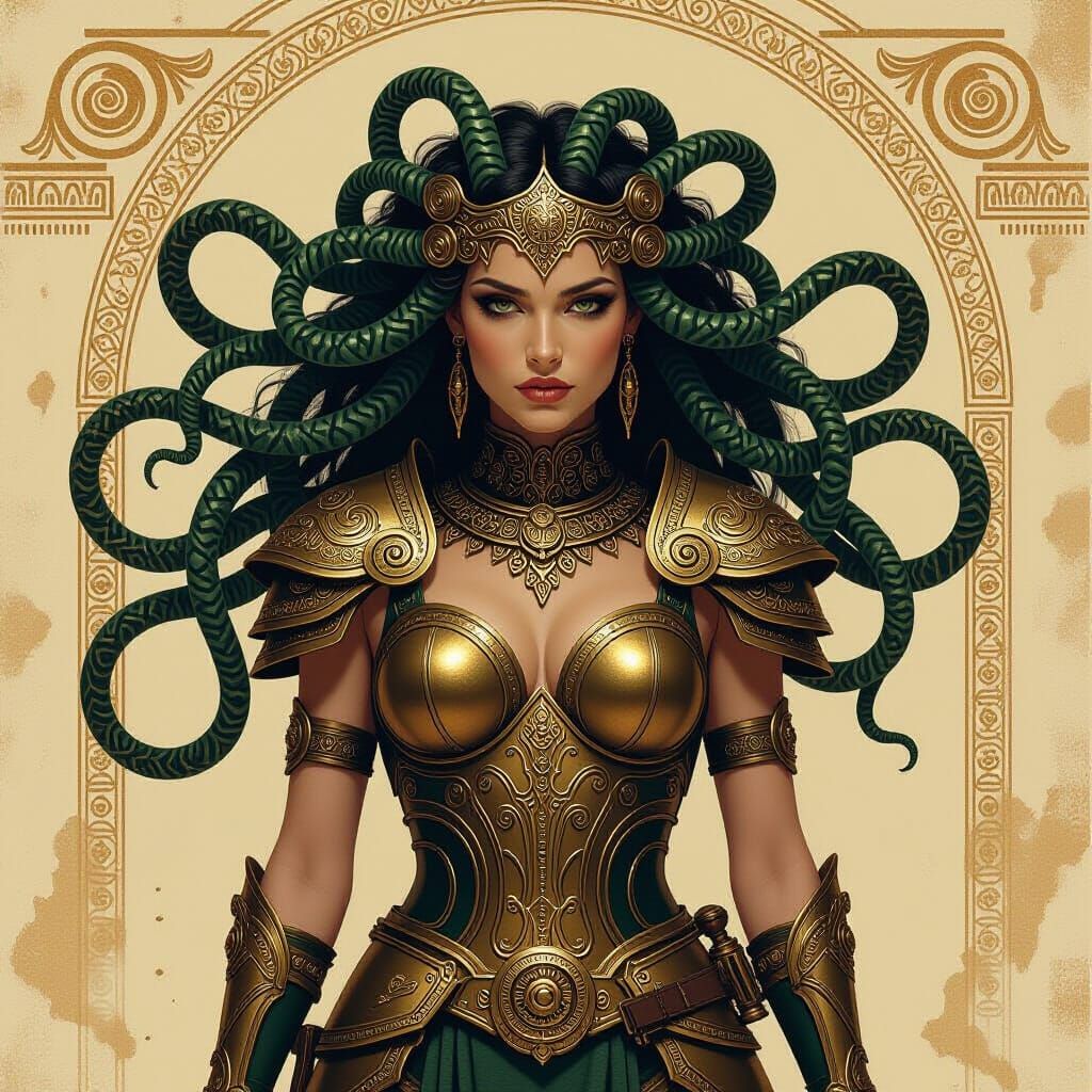 Medusa in Brass Armor with Steampunk Engine
