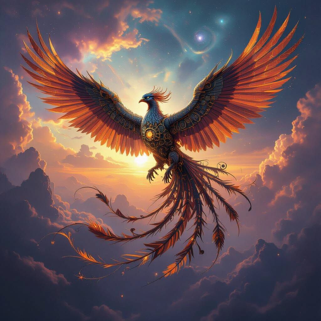 Biomechanical Phoenix Soaring Through Ethereal Galaxy