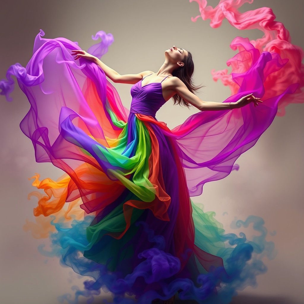 Expressive Dancer in Multicolored Smoke, Fantasy Concept Art