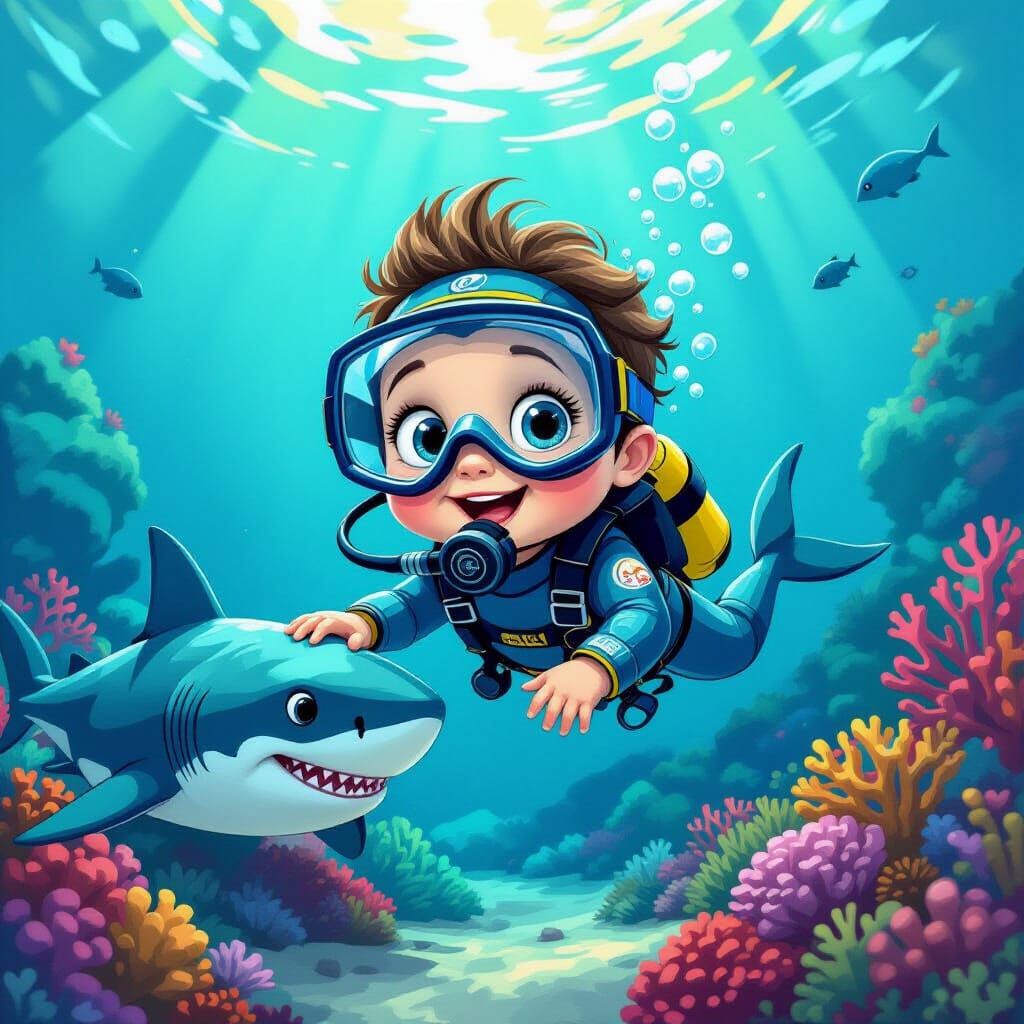 Baby Scuba Diver in Vibrant Reef, 2D Cartoon Style