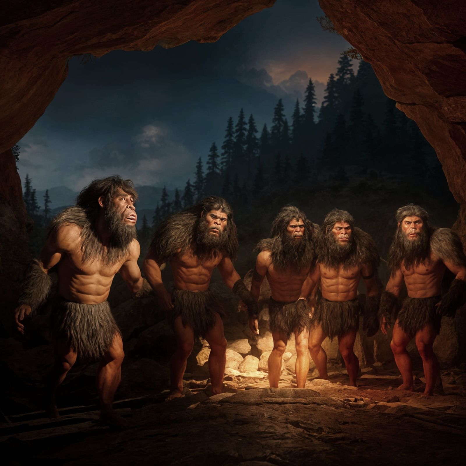 Neanderthals in a Golden-Hued Sunset Landscape