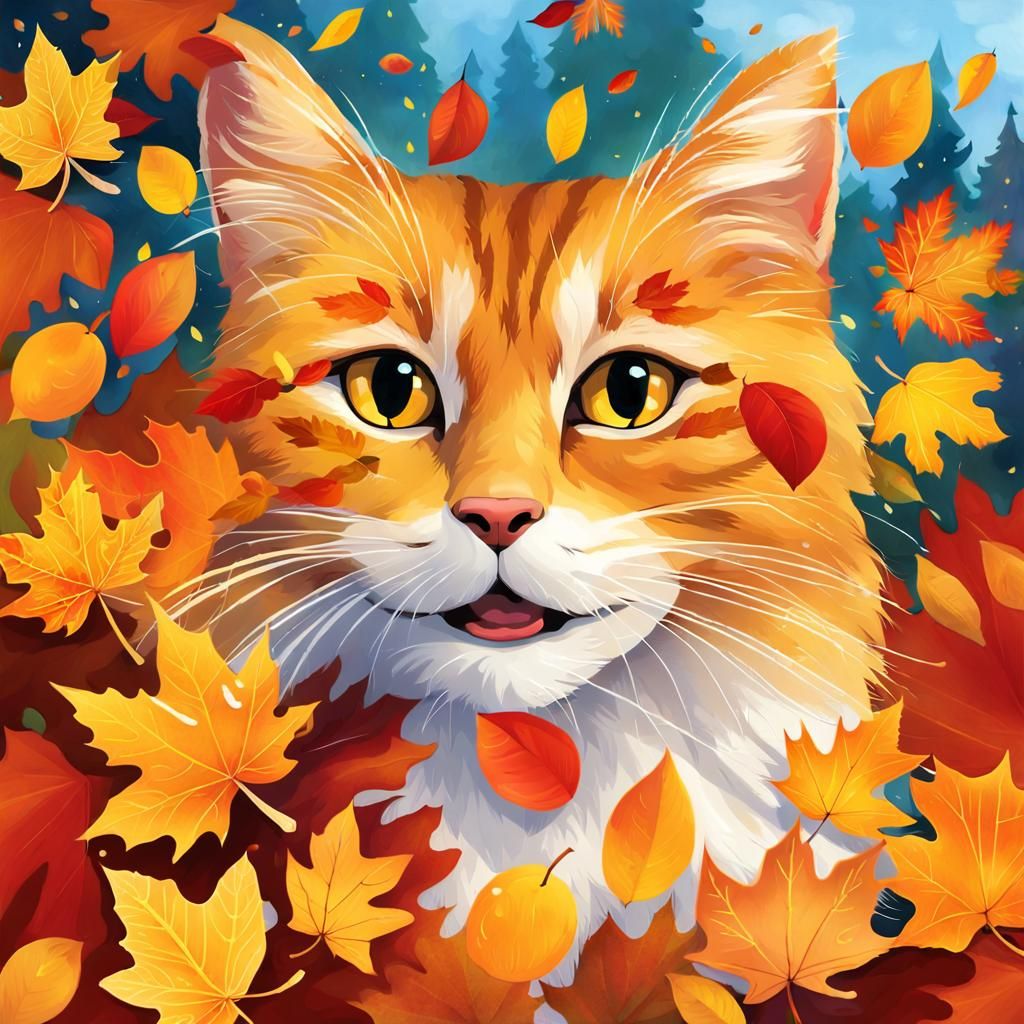 Cat's Joyful Play in Autumn Leaves