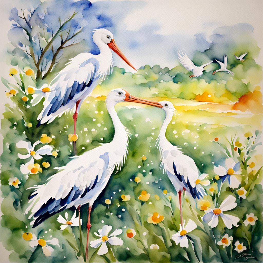 Spring Awakening: Storks Return in Watercolor