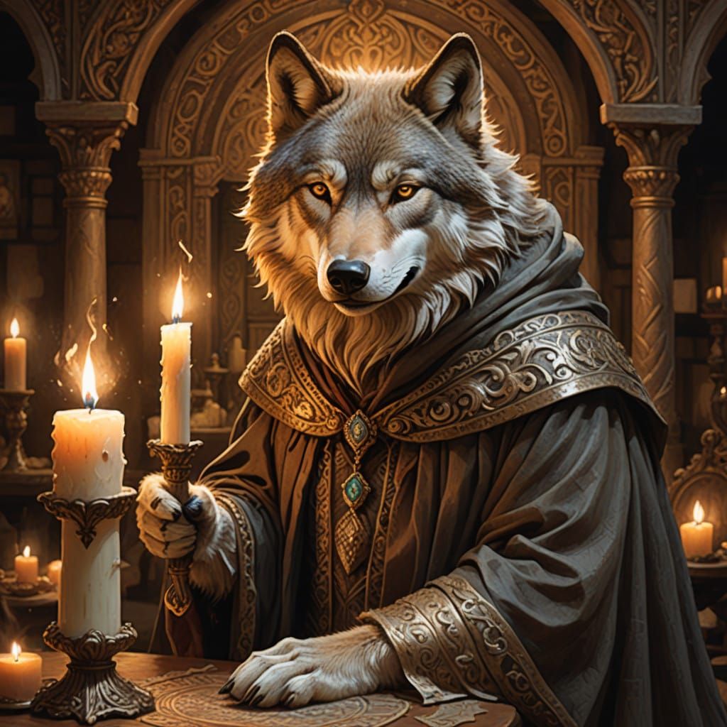 Wolf Blowing Out Candle in Whimsical Illustration Style