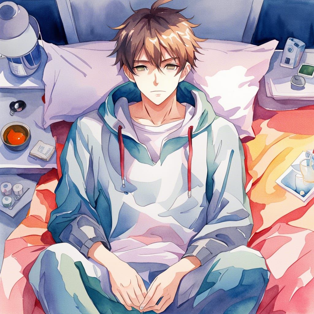 Sick Man in Bed: Watercolor Anime Style Portrait
