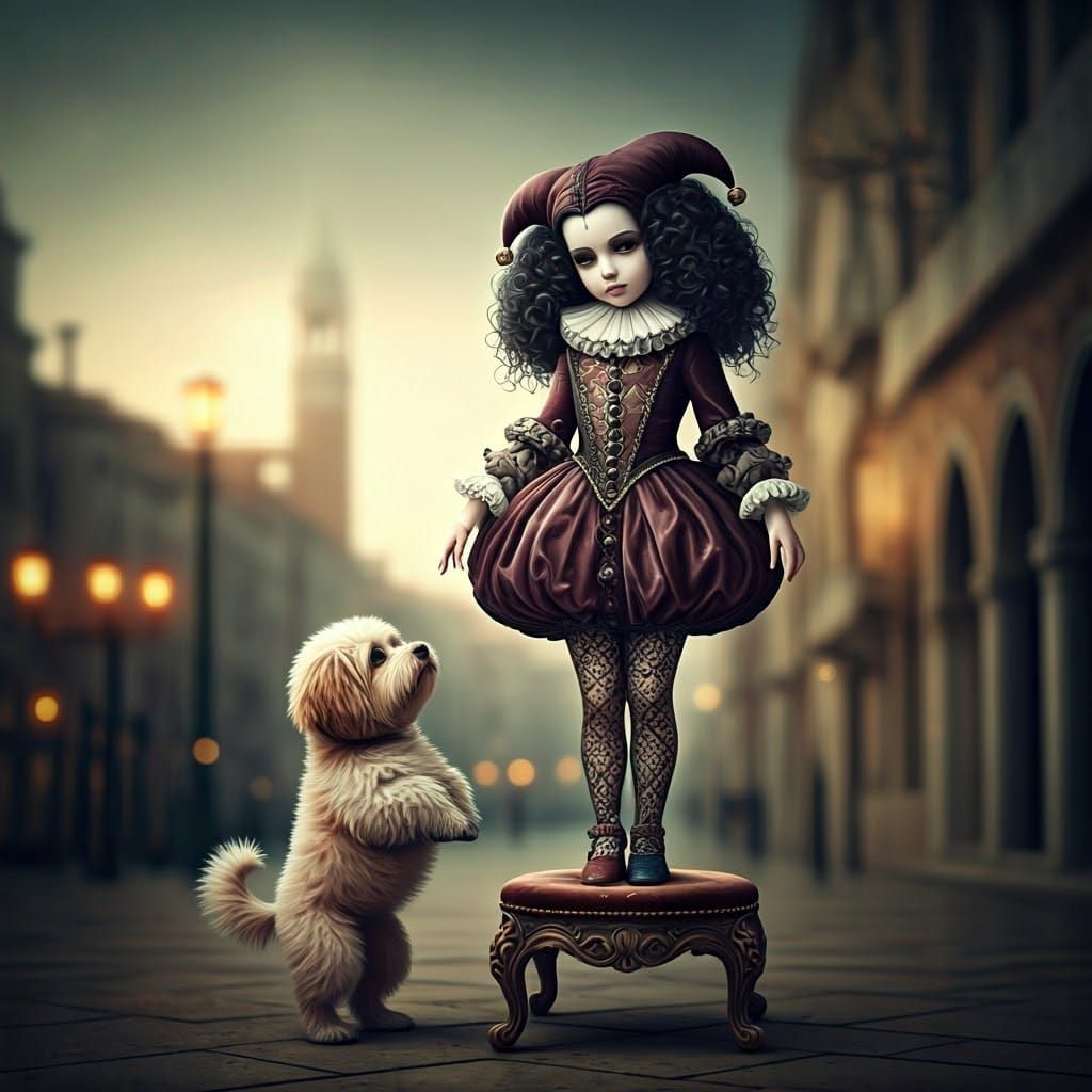 Gothic Harlequin Girl in Misty Venice, Whimsical Painting