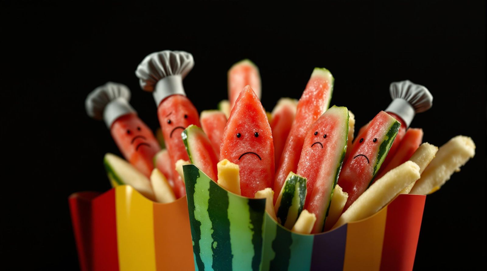 Surreal Watermelon Fries in a Dreamlike Landscape