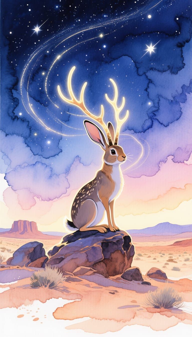 Jackalope with Antlers in Starry Desert Sky
