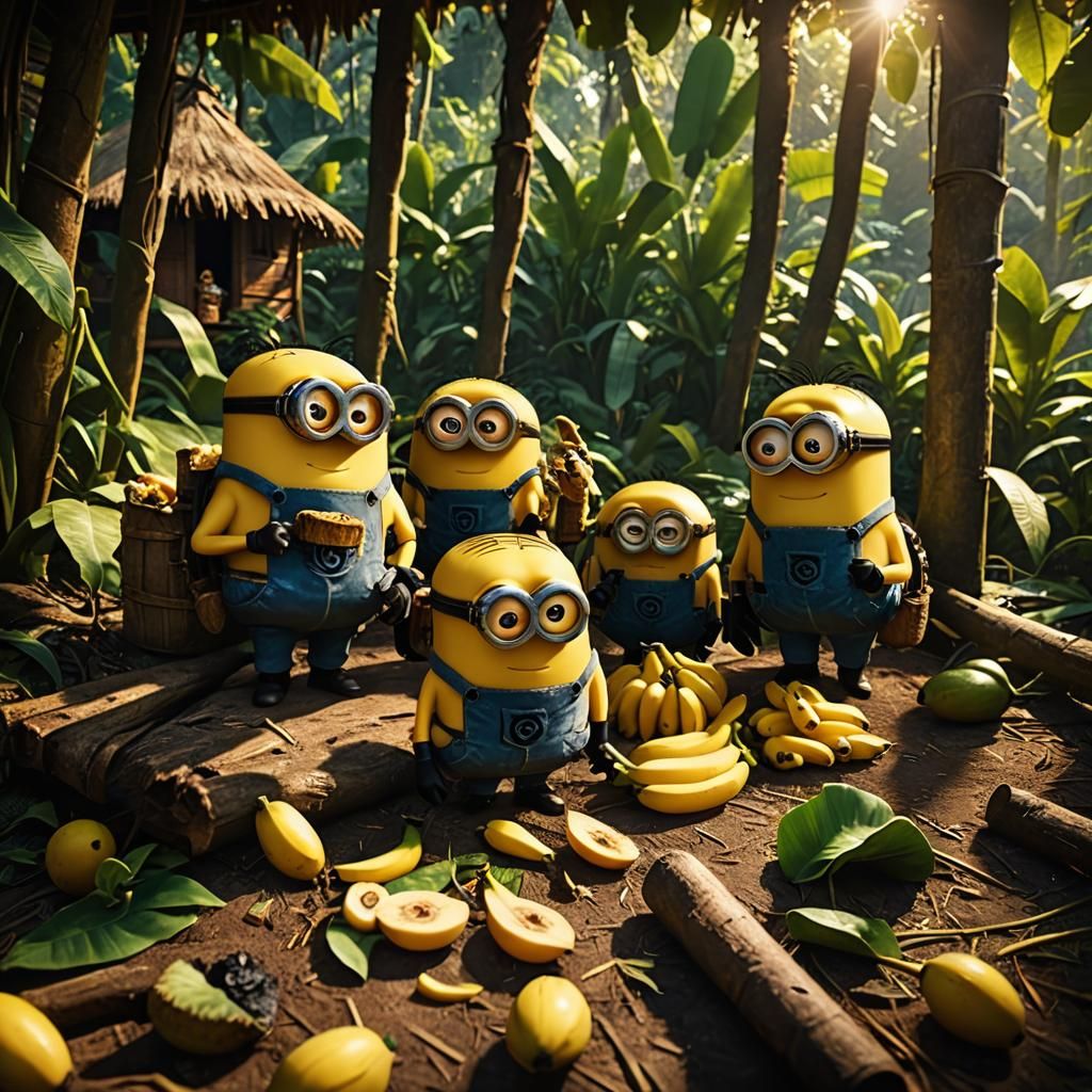 Minions Eating Bananas in Jungle Hut