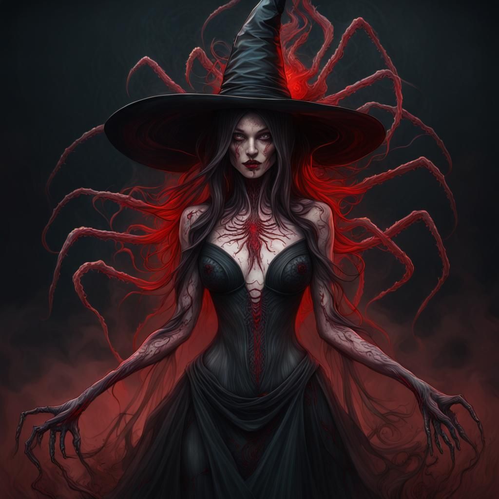 Eerie Witch Goddess of Spiders in Dark Surrealist Style
