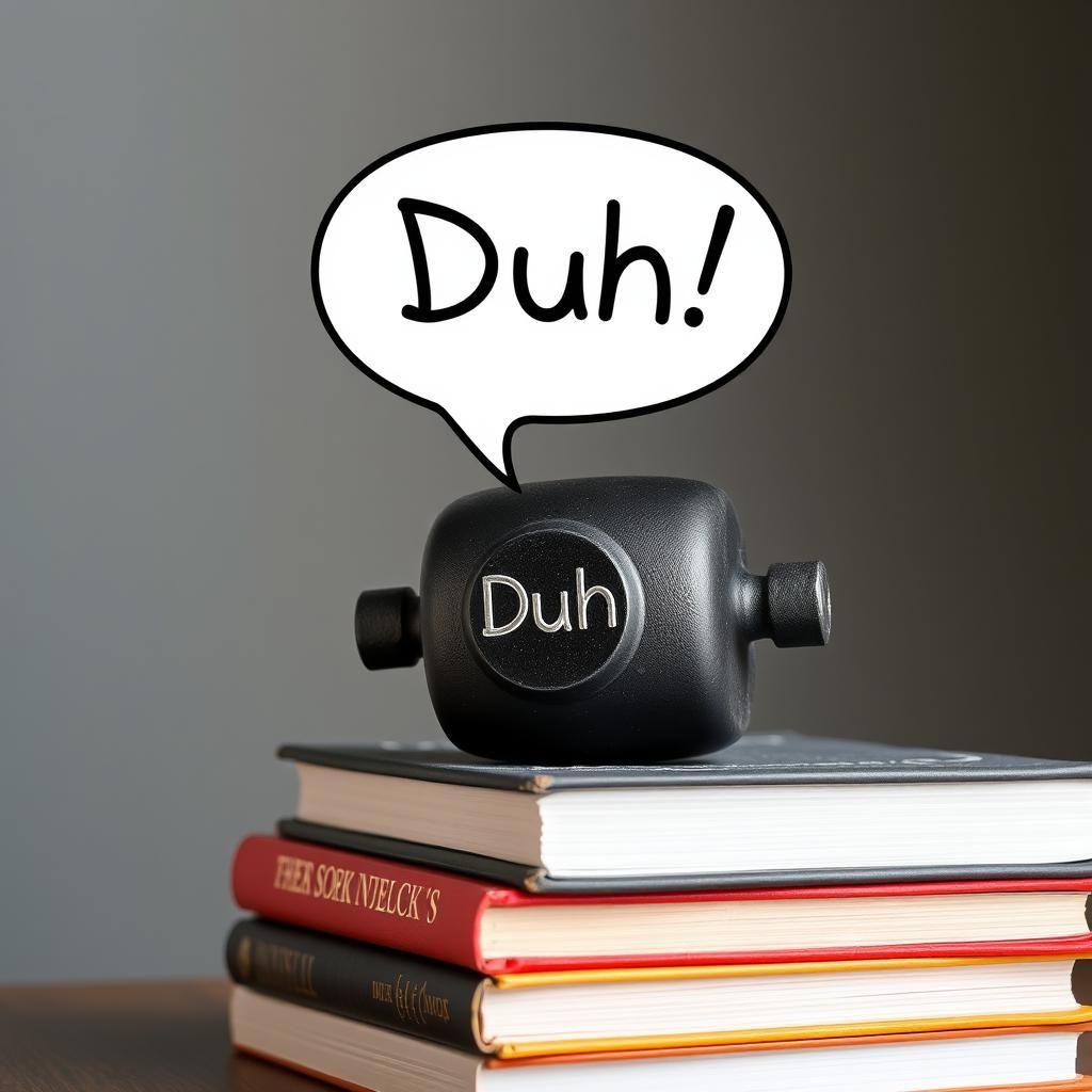 A dumbbell saying "Duh" in a dialogue bubble and resting on a stack of books.