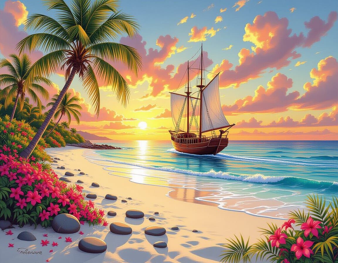 Tropical Beach Sunset in Hyperrealistic Style
