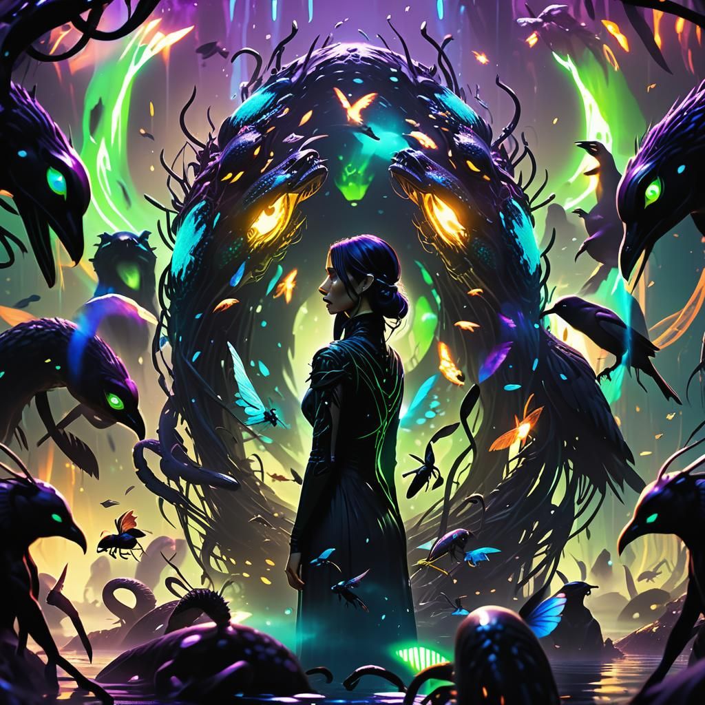 Mysterious Figure Surrounded by Black Creatures