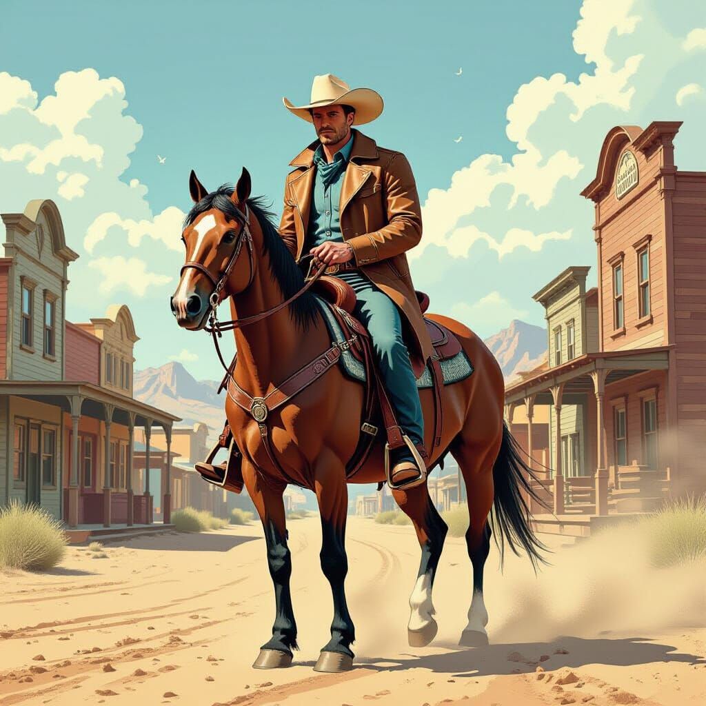 Cowboy Rides Out: Hyperrealistic Comic Book Style