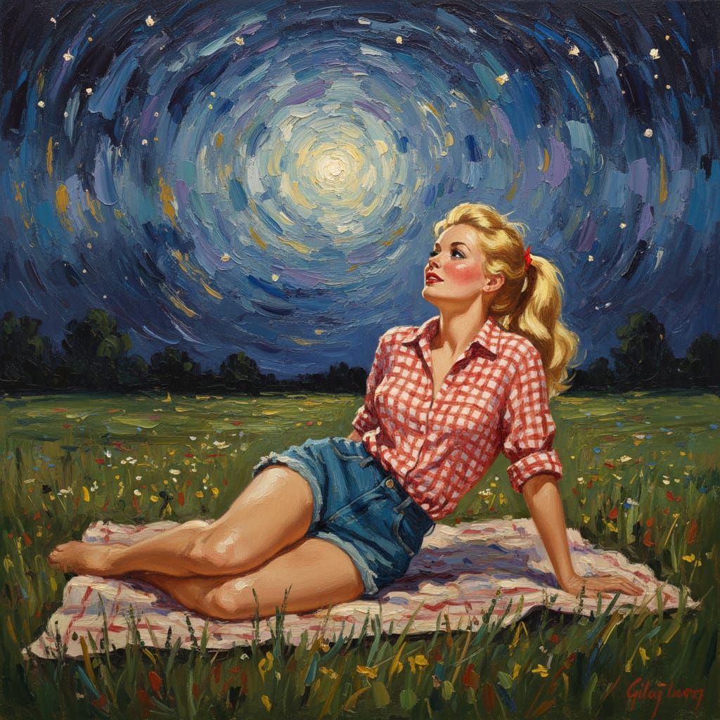 Impressionistic Painting of Woman Stargazing in Meadow