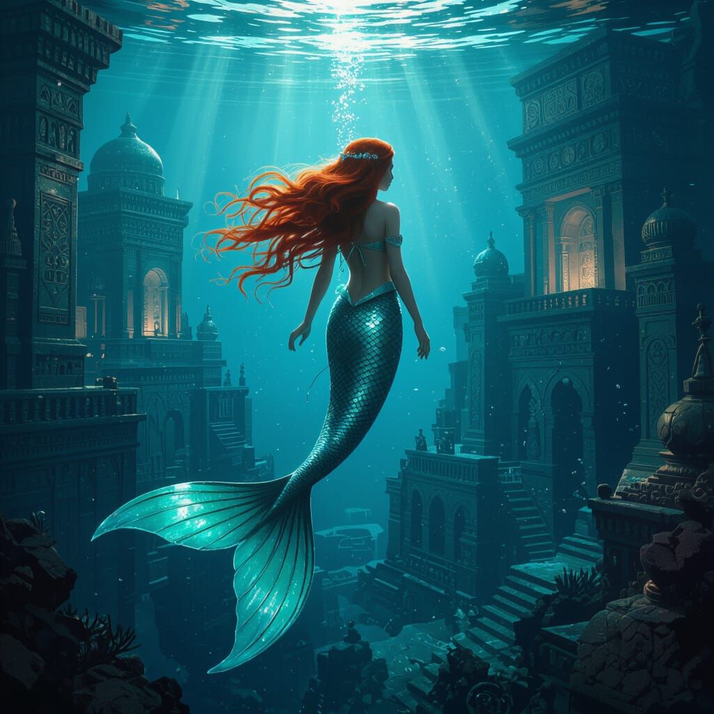 Red-Haired Mermaid Exploring Underwater City in Digital Pain...