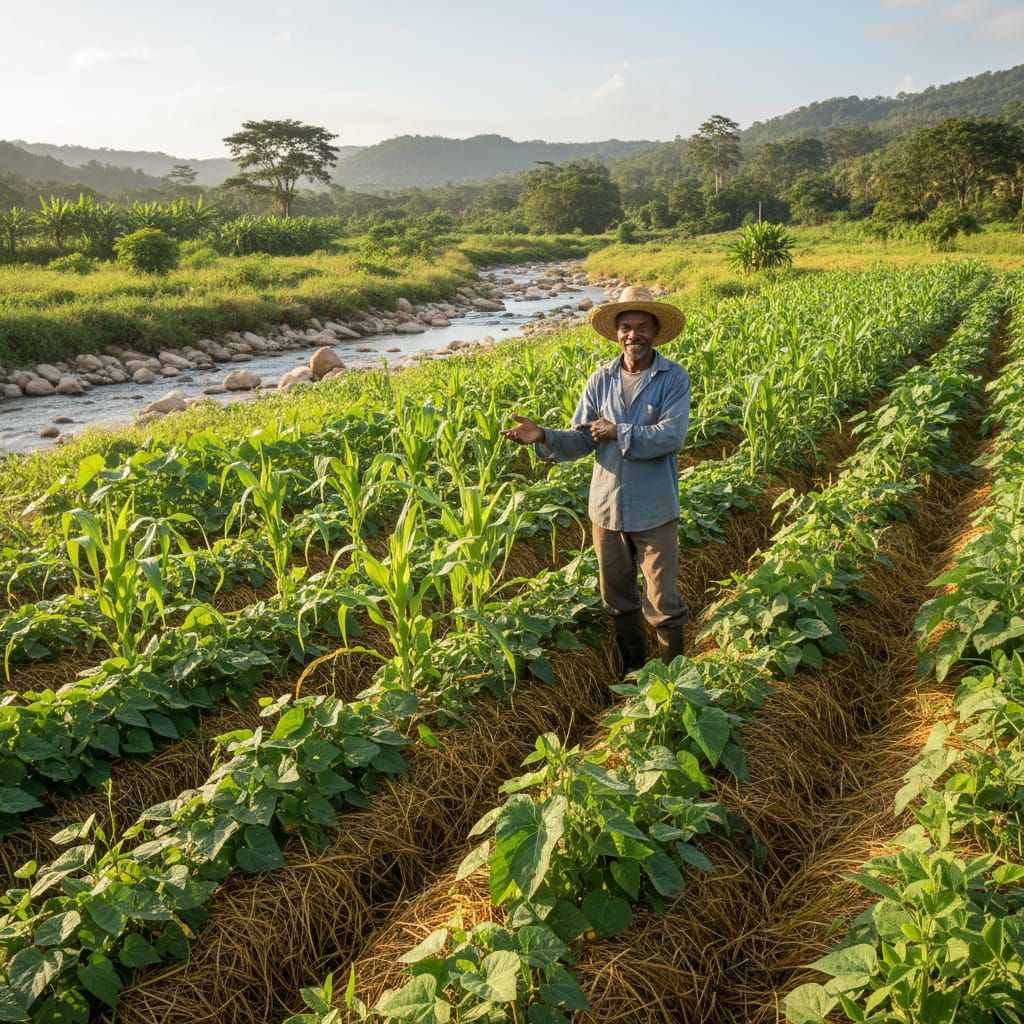 Haitian Farmer Tends Vibrant Field Under Warm Sunlight