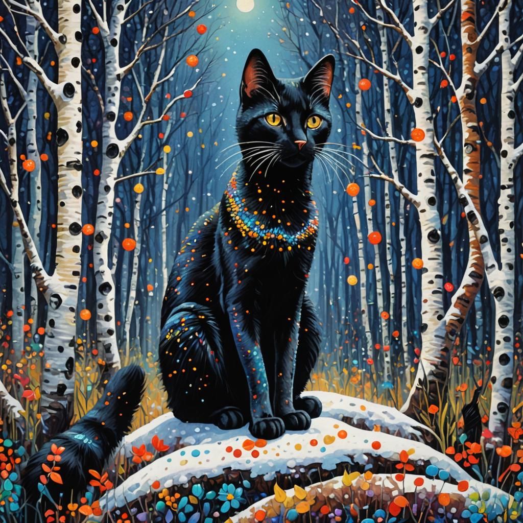 Whimsical Black Cat in Birch Forest: Pointillism Art