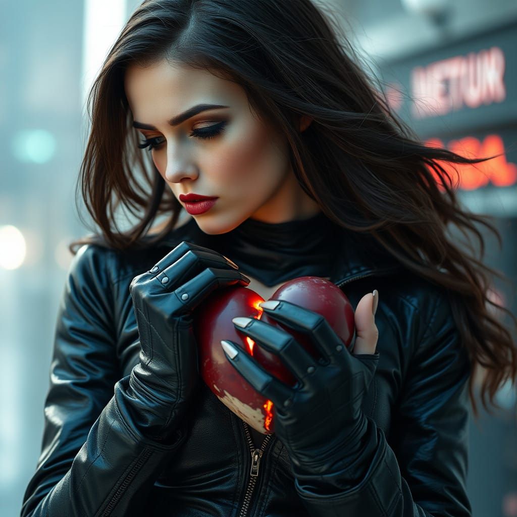 Cyberpunk Woman Holds Shattered Heart