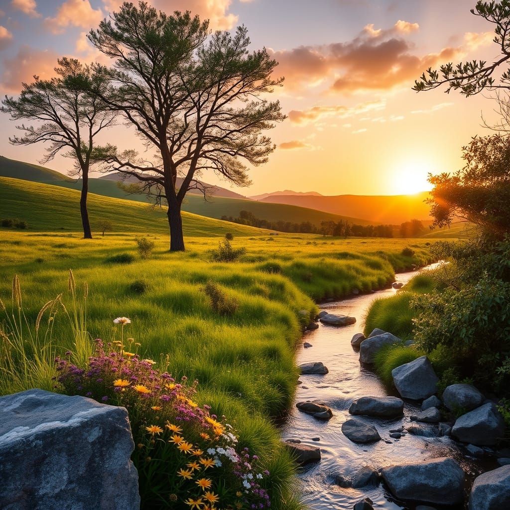 Serene Sunset Landscape in Warm Golden Light