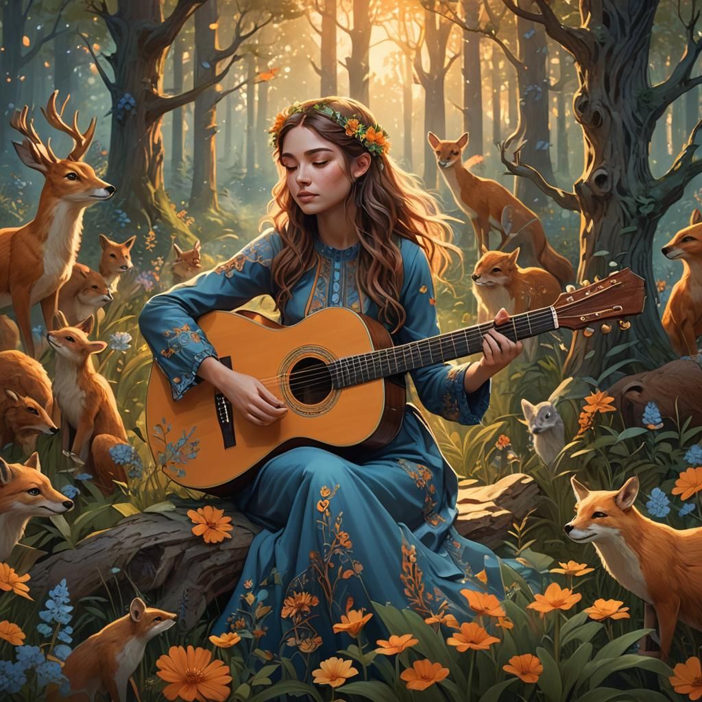 Teen Girl Plays Guitar in Whimsical Forest