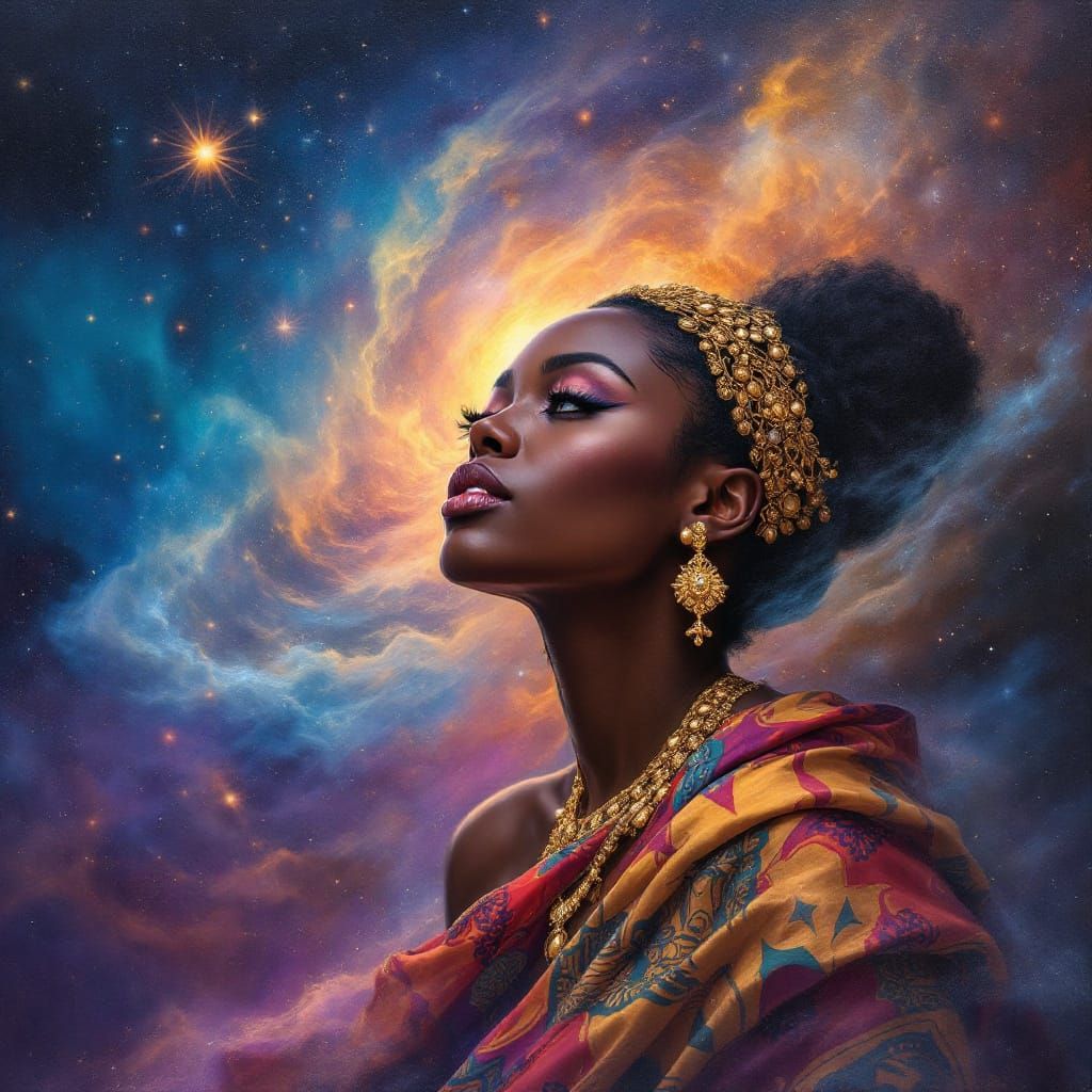 African Queen in Nebula Oil Painting