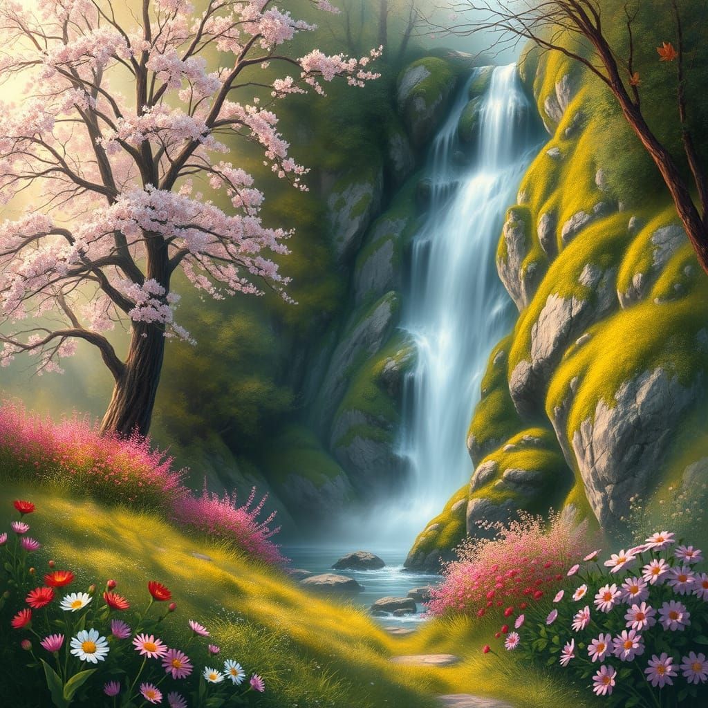 Lush Spring Oasis with Waterfalls in Impressionist Style
