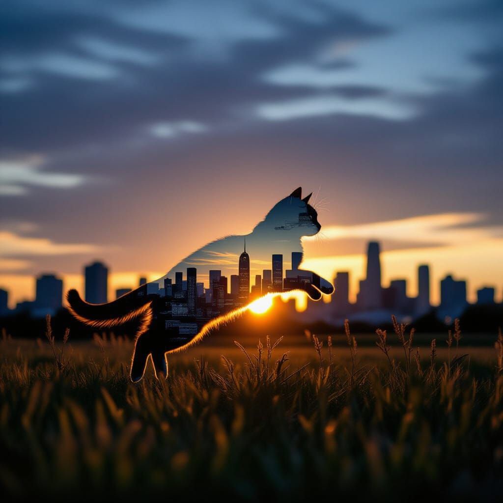 Cat Silhouette Portrait Made of Cityscape