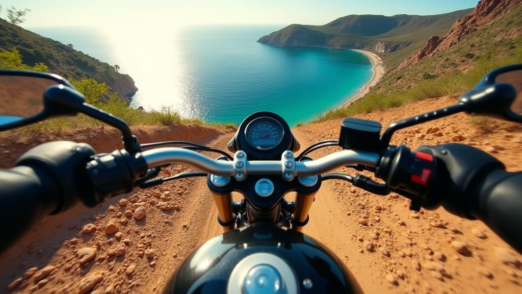Motorcycle Adventure Down Rocky Path to Turquoise Bay