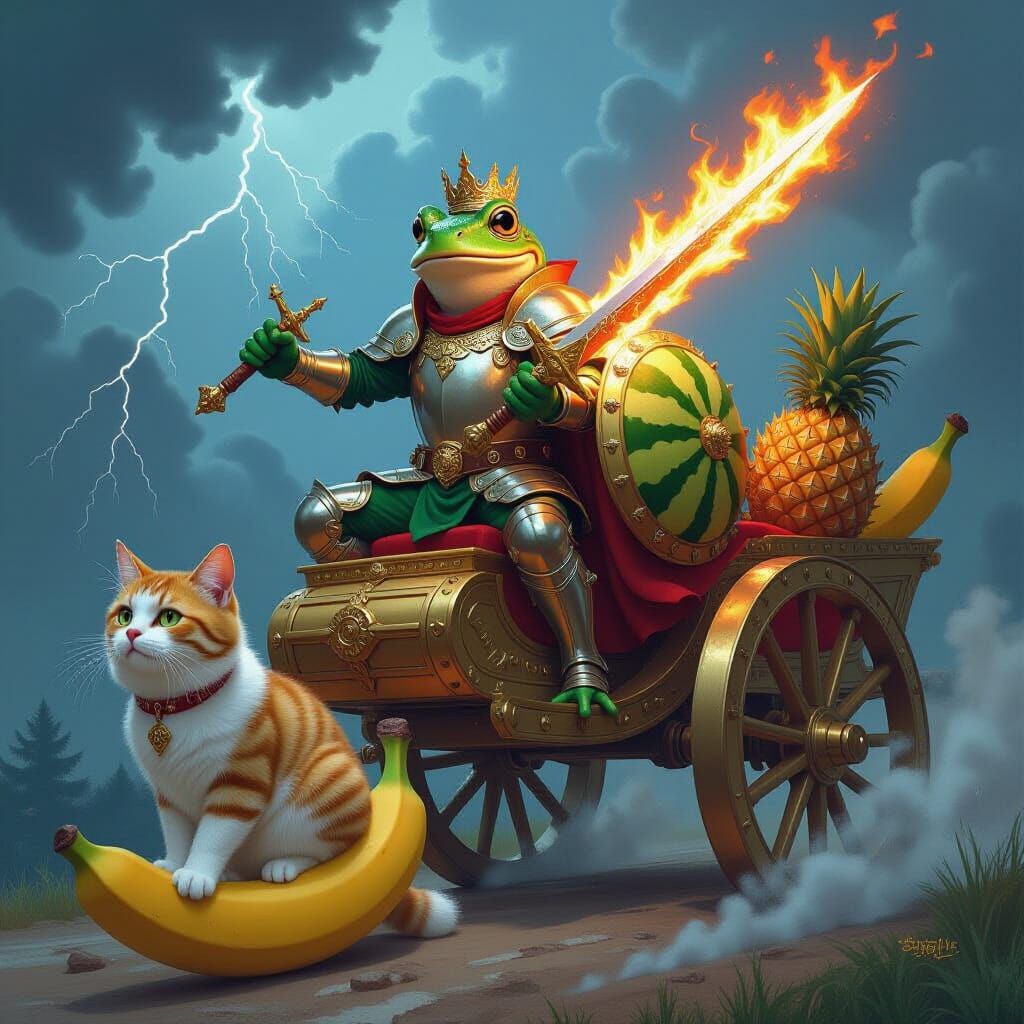 absurd image of a frog riding a chariot which is pulled by fruit creatures. The frog is wearing prince armor, a flaming ...