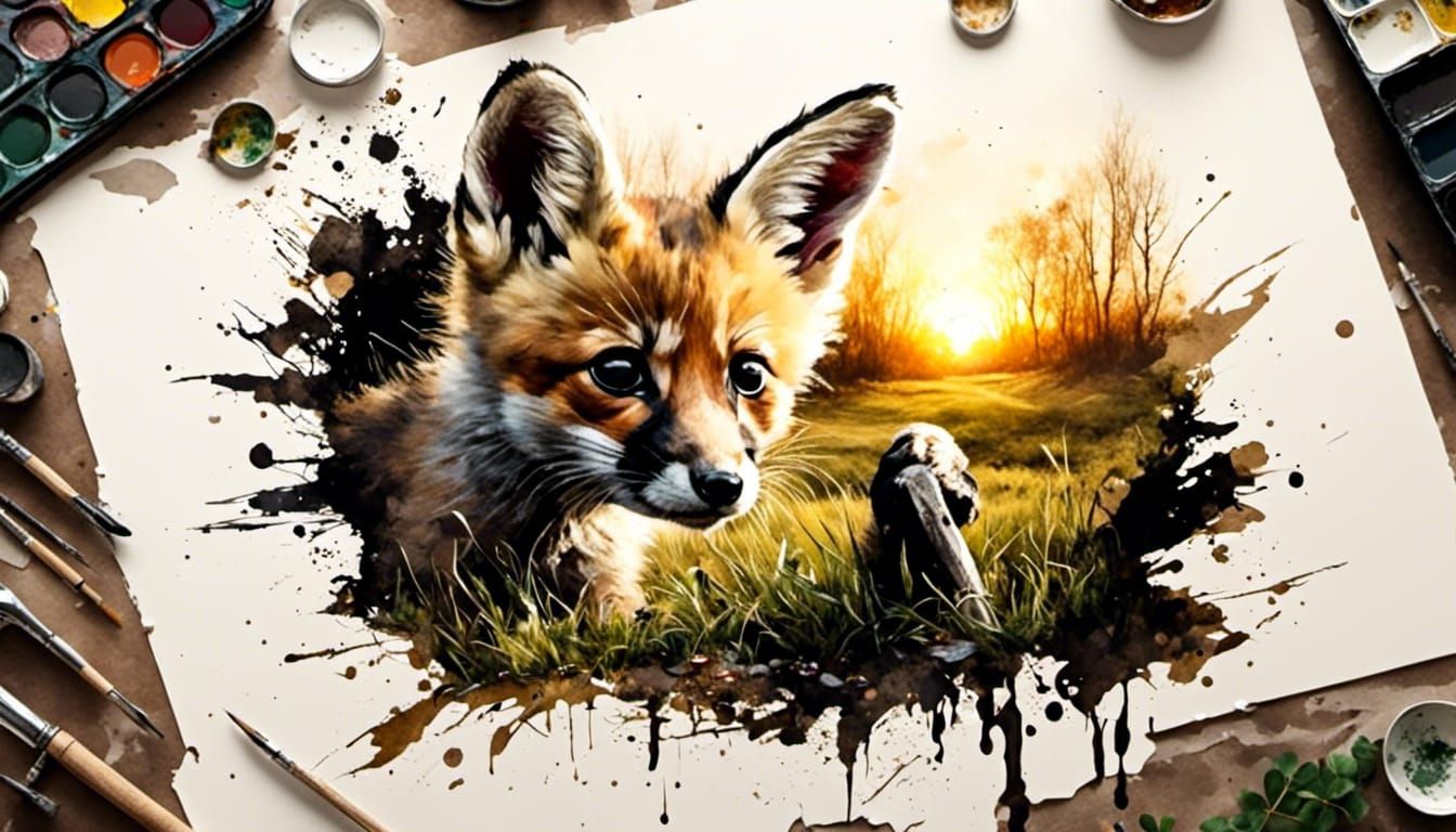 Fox Cub Sunrise: Oil Splash Painting
