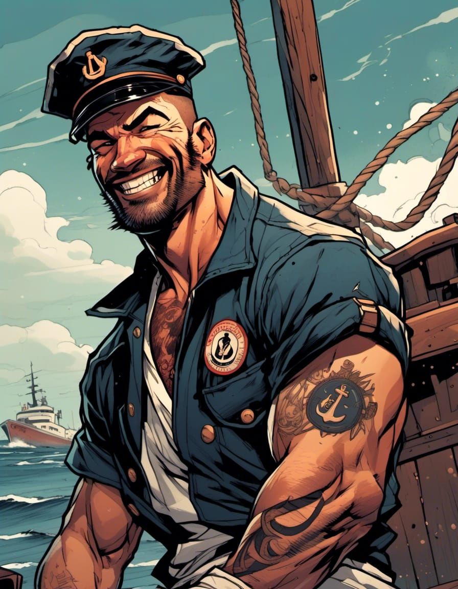 Rugged Sailor Portrait on Weathered Dock in Comic Style