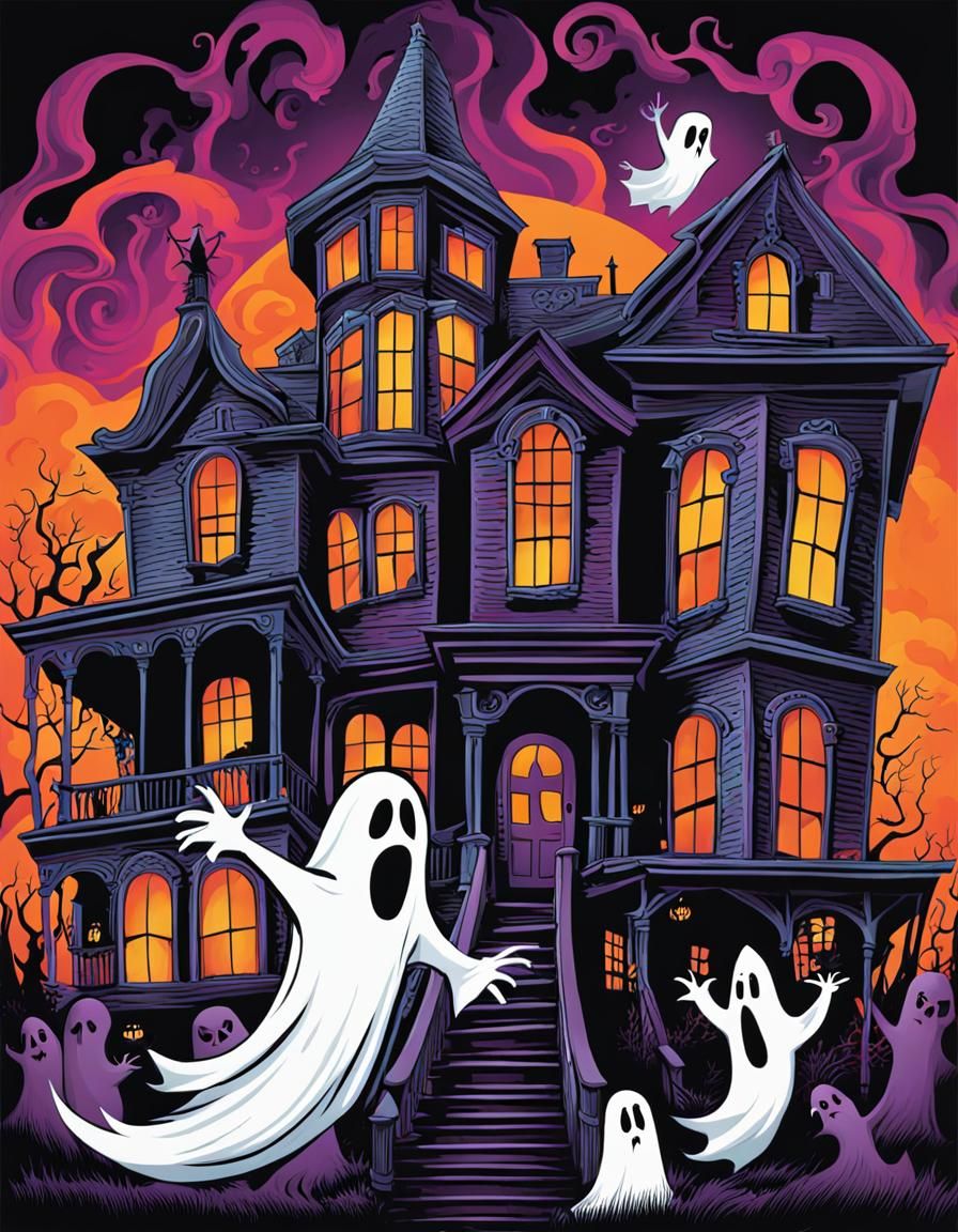 Psychedelic Haunted House B&B with Comical Ghosts