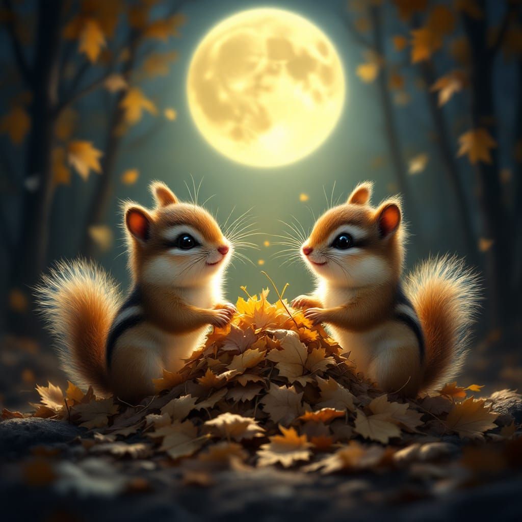 Chipmunks Play in Leaves Under Crescent Moon