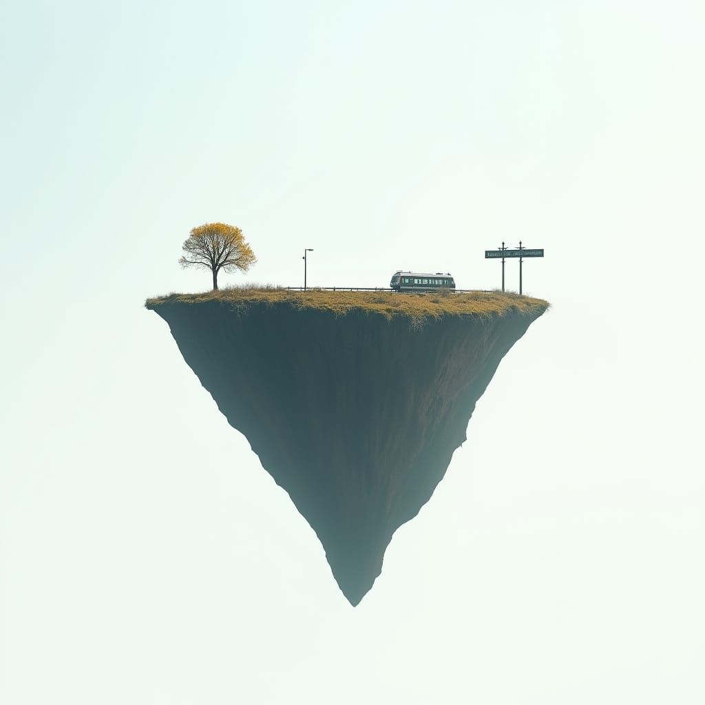 Surreal Floating Island Landscape with Metro Train