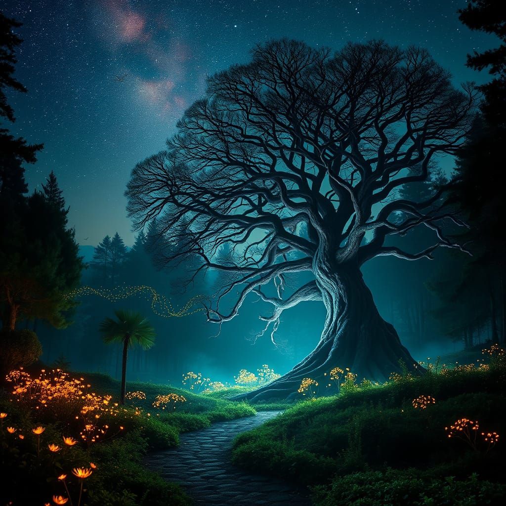 Ethereal Twilight Forest with Glowing Fireflies and Ancient ...