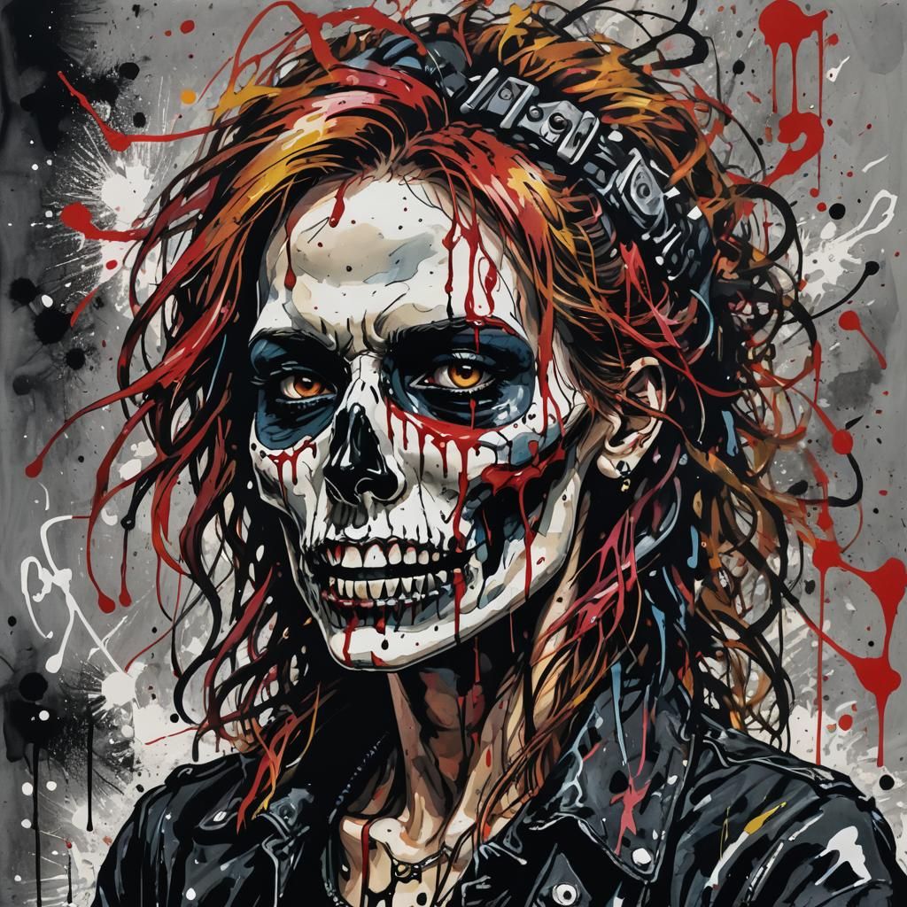 Skull-Faced Punk Rockstar in Gothic Setting