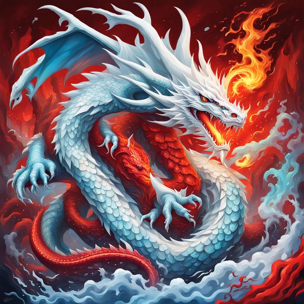 Epic Battle: Ice Dragon Versus Fire Dragon in Graffiti Art