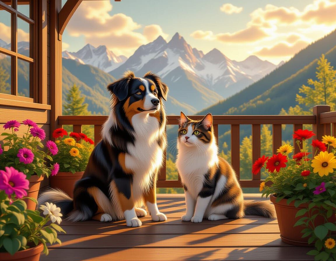 Dog and Cat on Porch, Ultrarealistic Rendering
