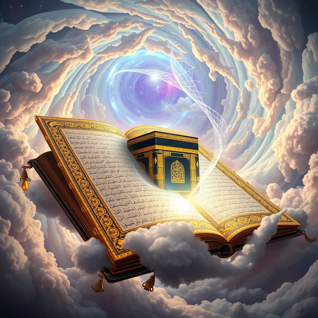 Ethereal Quran with Golden Filigree and Sacred Kaaba