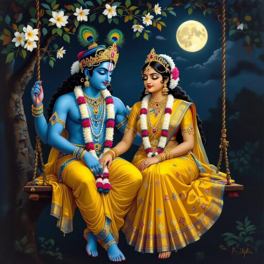 Krishna and Radha on a Swing in Raja Ravi Varma Style