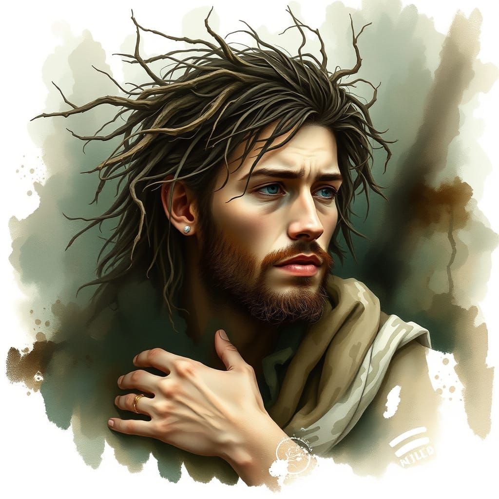 Slavic Man in Mystical Forest, Dreamy Watercolor Acrylic