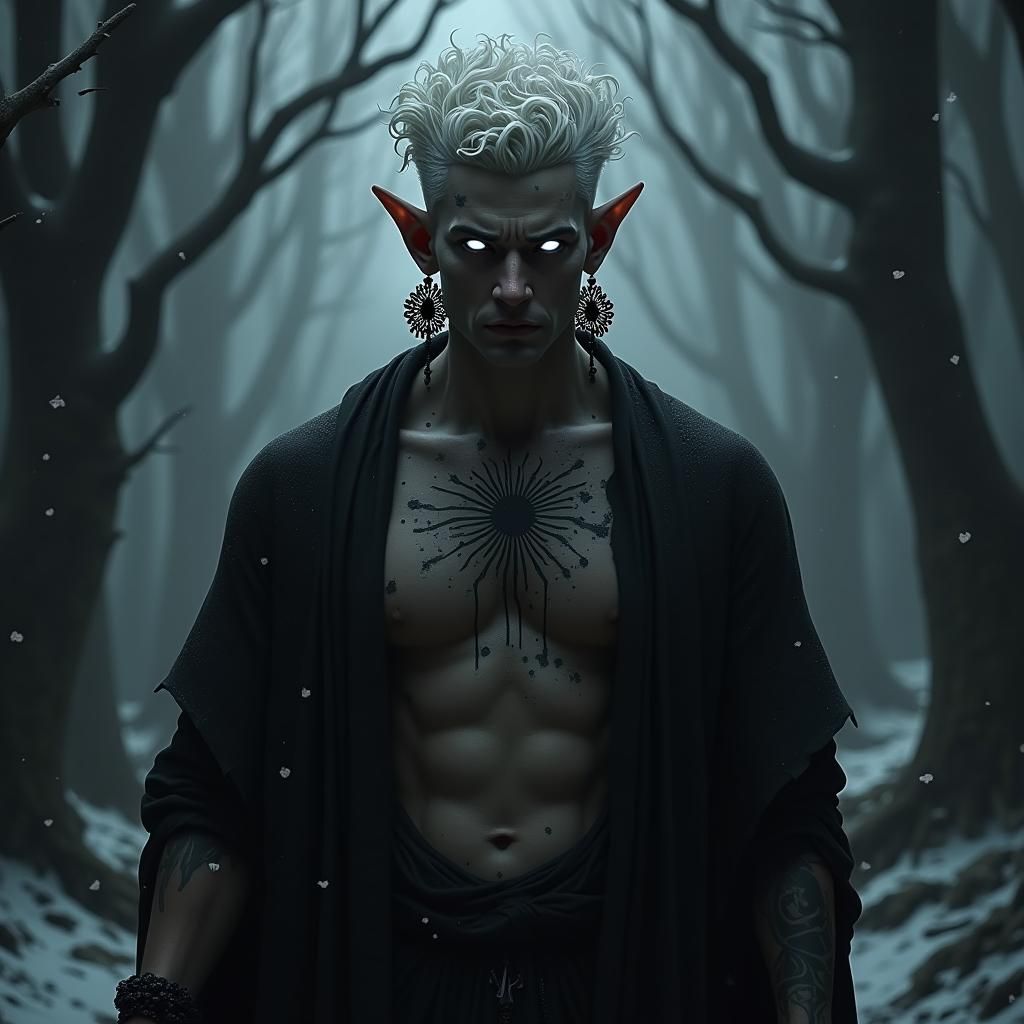 Dark Fantasy Character in Eerie Forest Scene