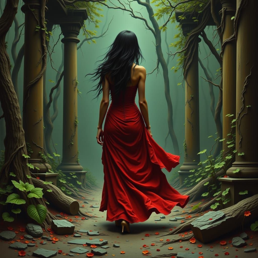 Scarlett O'Hara in Bioluminescent Ruins: Pre-Raphaelite Styl...